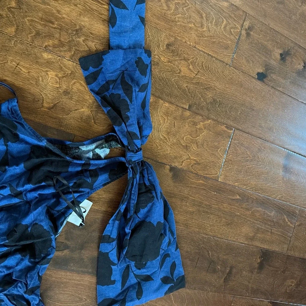 Kate Spade x Target Floral Jumpsuit Wide Leg Bow Blue Black Linen Blend Size 6